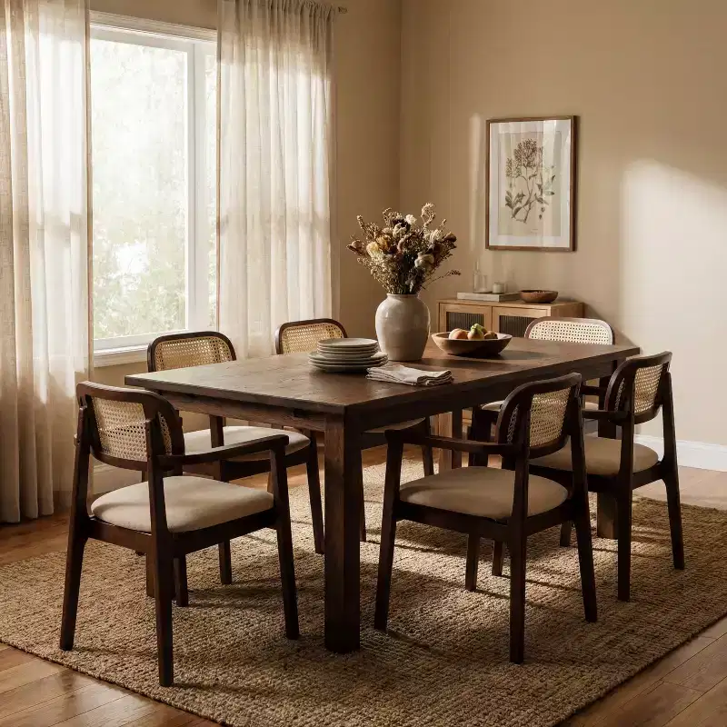 Christopher Knight Home Amaris Mid-Century Modern Wood Upholstered Dining Chair with Rattan-Weave Backrest (Set of 6)