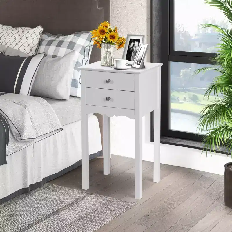 Costway Side Table End Accent Table Night Stand W/ 2 Drawers Furniture White