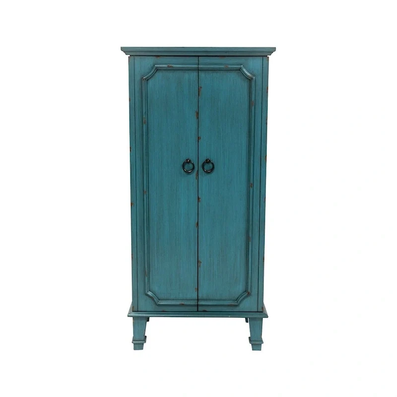 Vintage Turquoise Hand Painted Jewelry Armoire with Antique Drawer Pulls - 13.8 x 19 x 40 inches