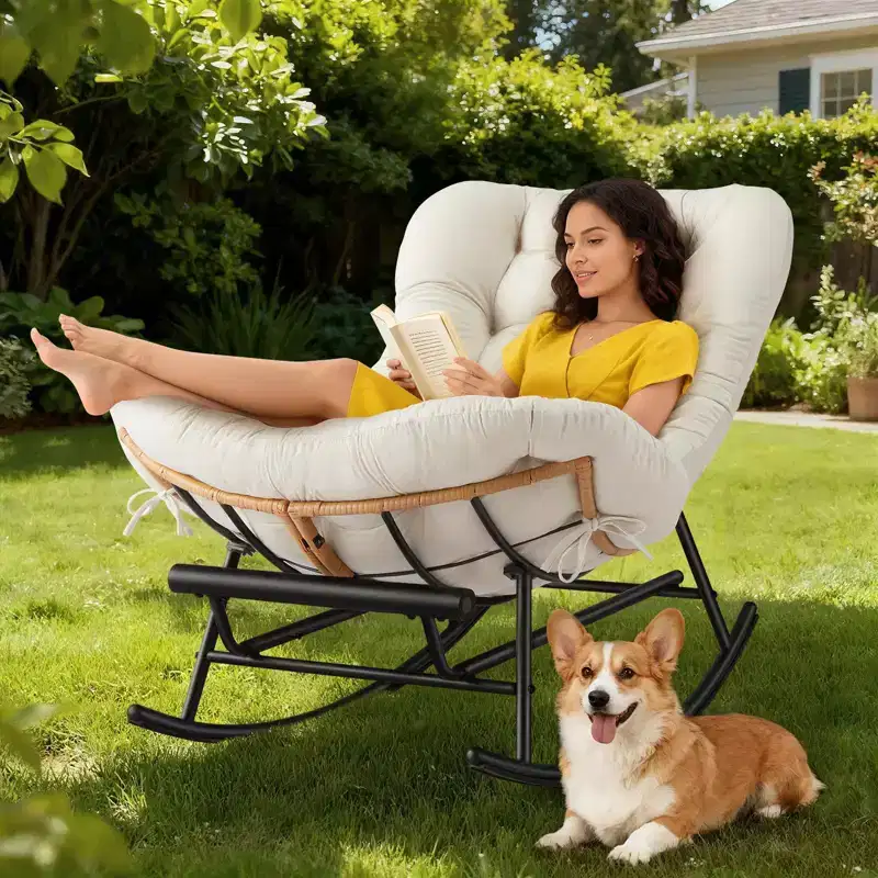 Beige Oversized Papasan Rocking Chair, 1-Person, with Footrest