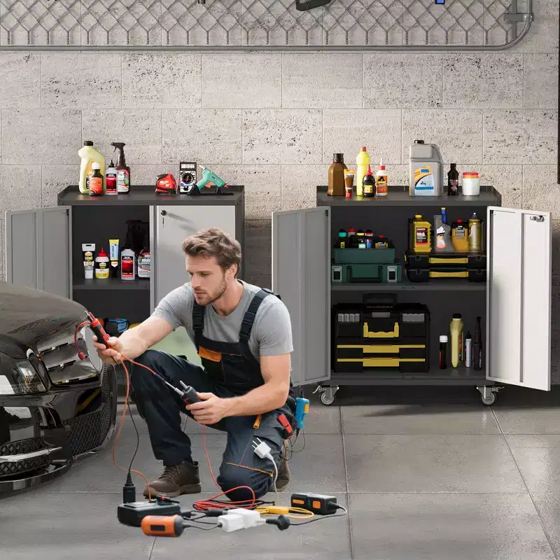 Garage Storage Cabinet with Wheels, 35.43 Locking Steel Rolling Tools Chest, Metal Storage Cabinet with 1 Shelves, Light Gray & Dark Gray