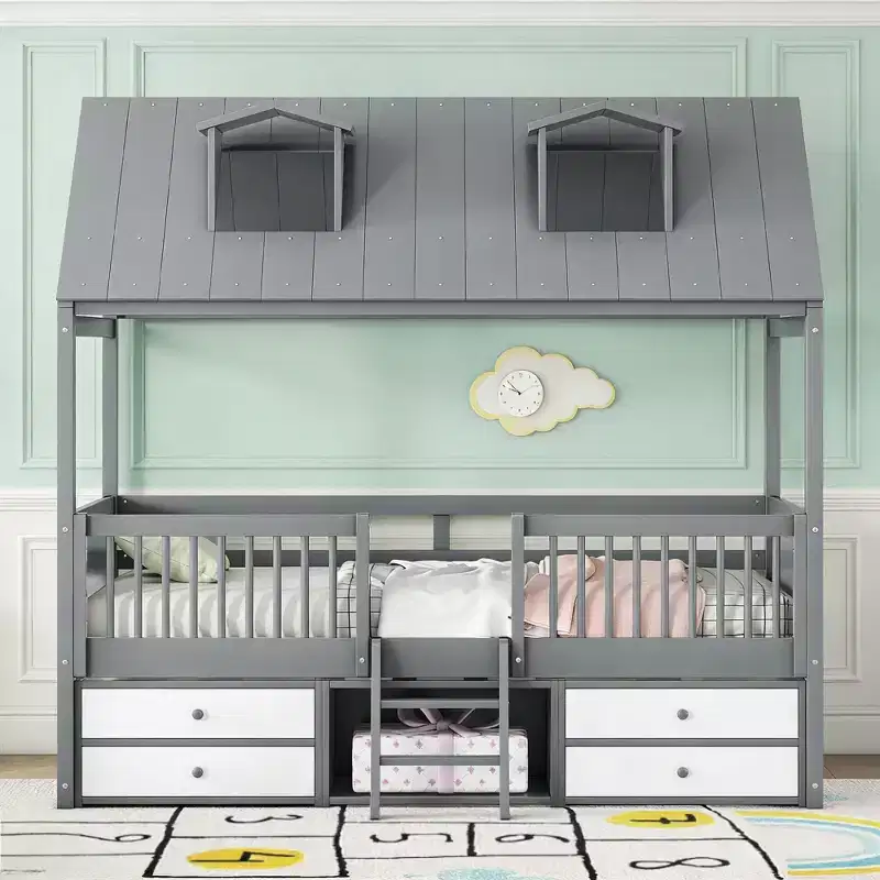Luxystar Modern Wood House Bed Frame with 4 Drawers and Shelf
