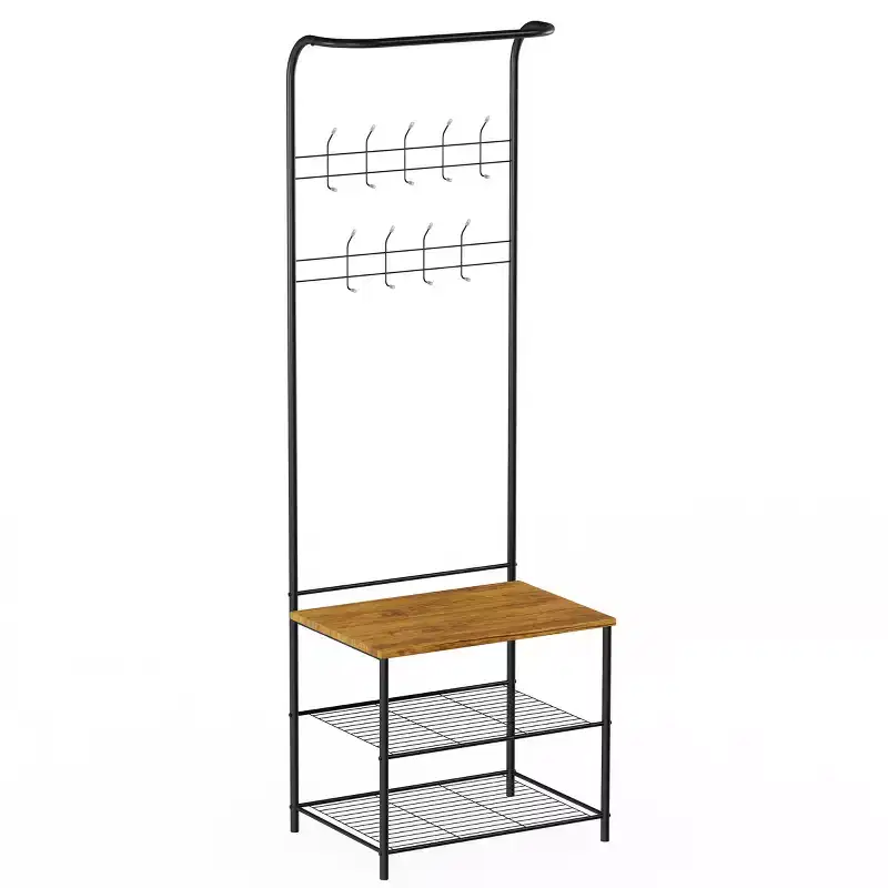 Hasting Home Entryway Bench with Coat Rack  Metal Hall Tree with Seat, Hooks, and Shoe Storage