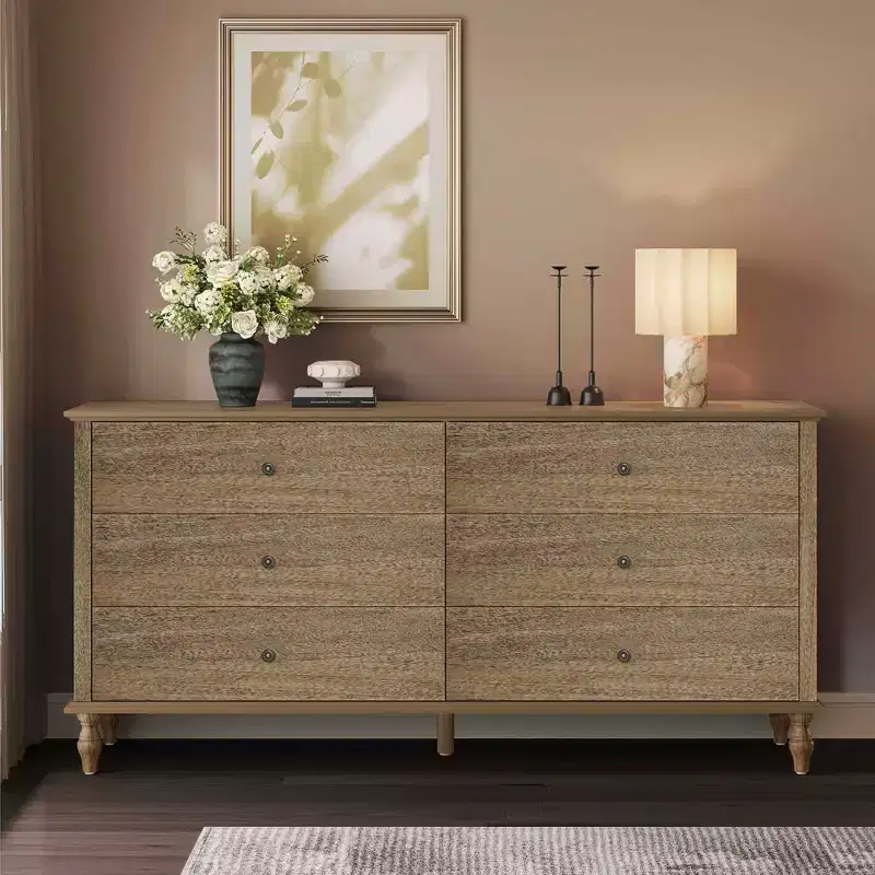 Modern 63 Wooden Storage Cabinet with 6 Drawers and Metal Copper Handles
