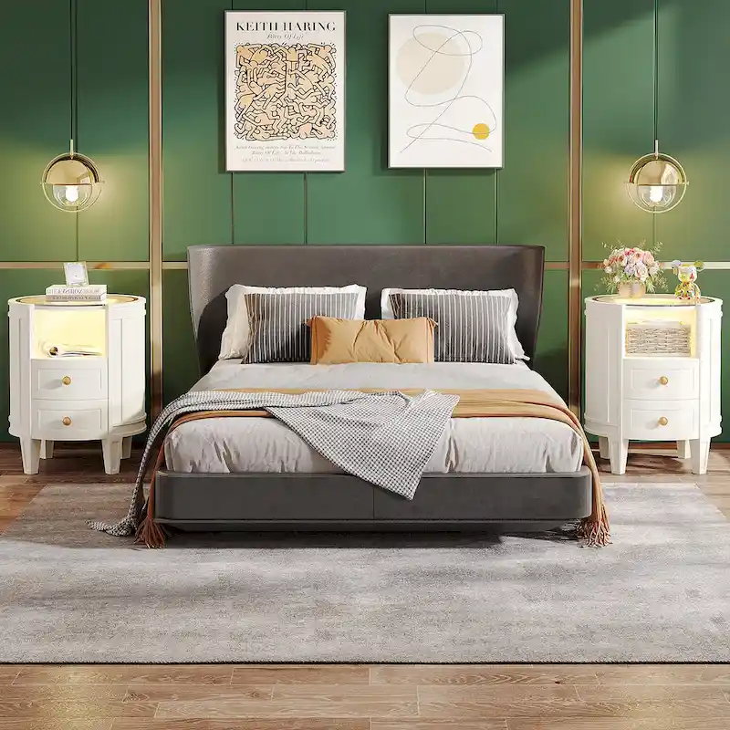 Round Nightstand with 2 Drawers, LED Light and Open Shelf – 25.5 Inch Tall
