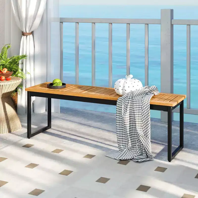 Costway Patio Dining Bench Set of 2, 2-3-person Backless Bench with Slatted Seat & Metal Legs Outdoor Bench for Entryway Garden Poolside Natural