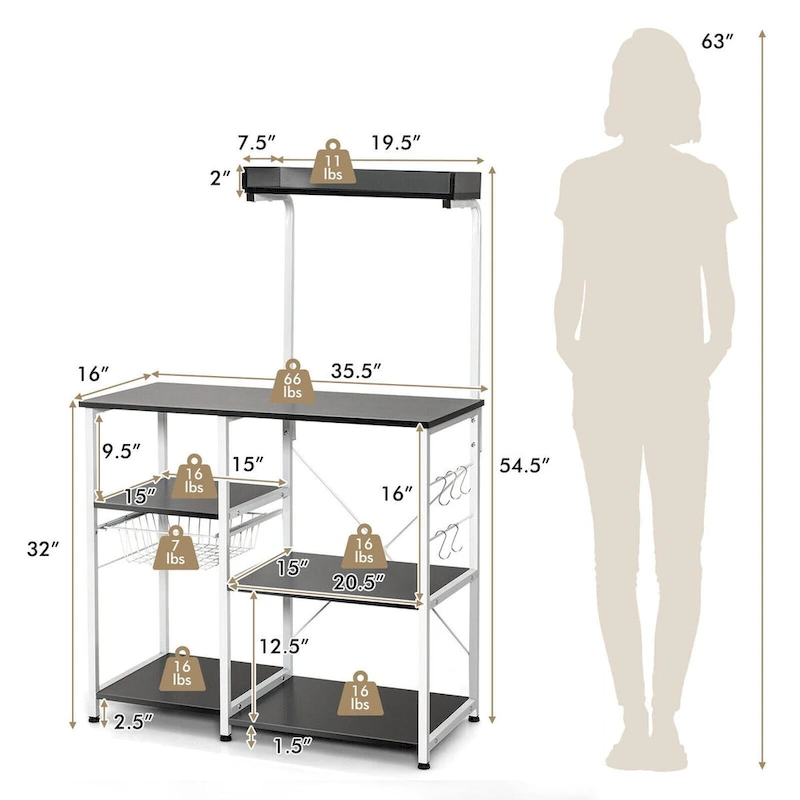 4-tier Kitchen Baker's Rack with Basket and 5 Hooks