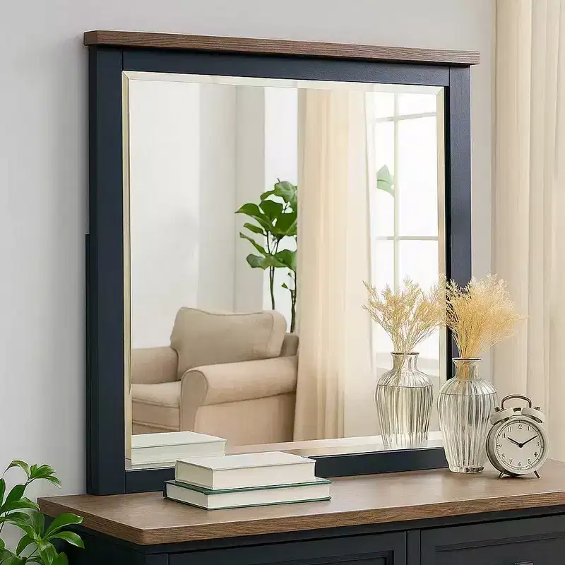 Royal Hampton 36 Inch Dresser Mirror, Blue Pinewood Frame, Dark Brown Top