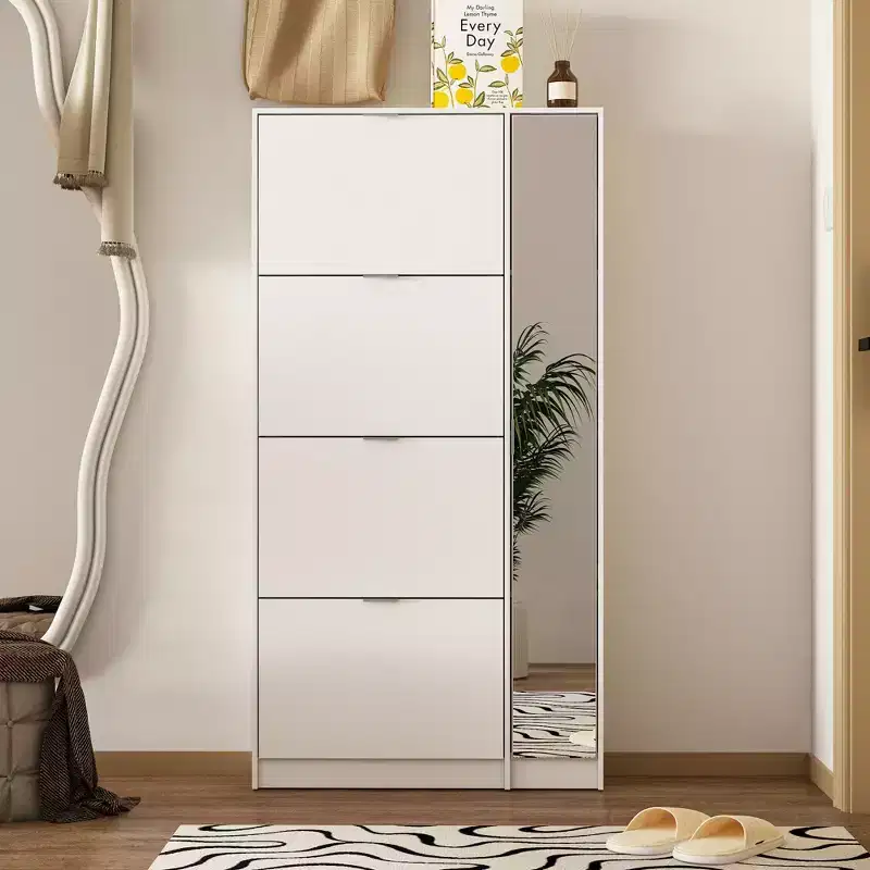 Slim Shoe Cabinet with Full-Length Mirror, 4 Flip Drawers & 4 Side Shelves – Holds 24 Pairs, 61