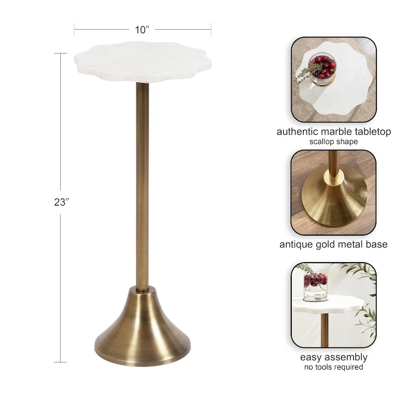 Scalloped Marble & Metal Drink Side Table, Modern Glam Accent Table
