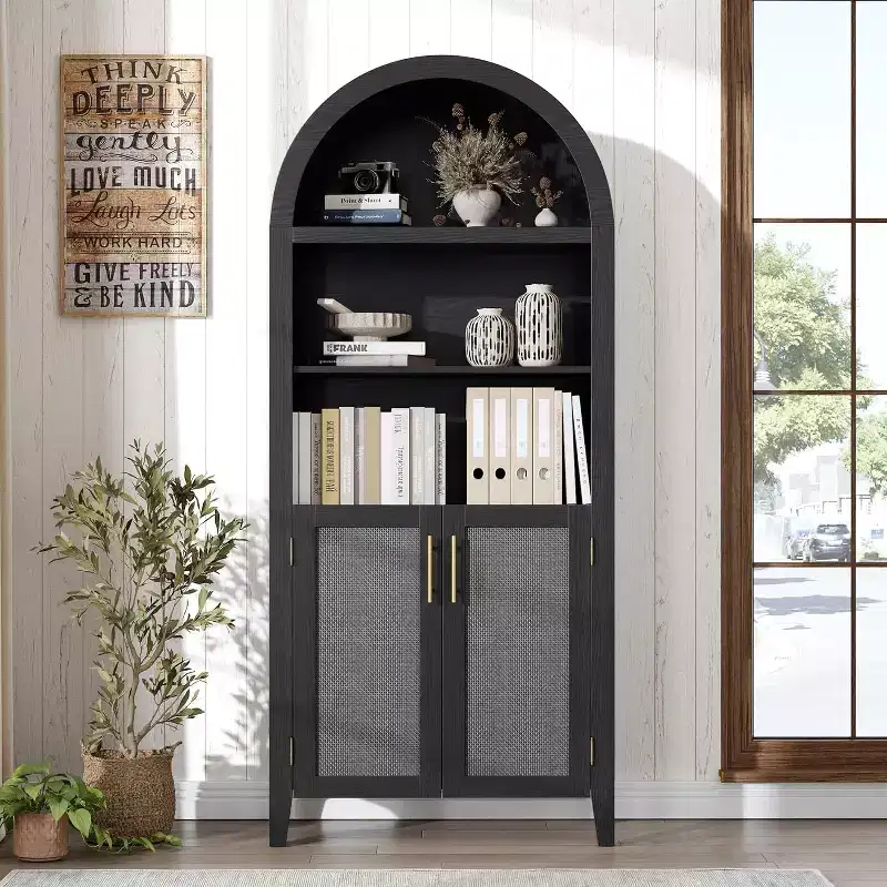 Arched Bookcase with Doors - 5 Tier Open Display Shelf with Rattan Decor, Modern Bookshelf Storage Cabinet for Home Office Living Room Library