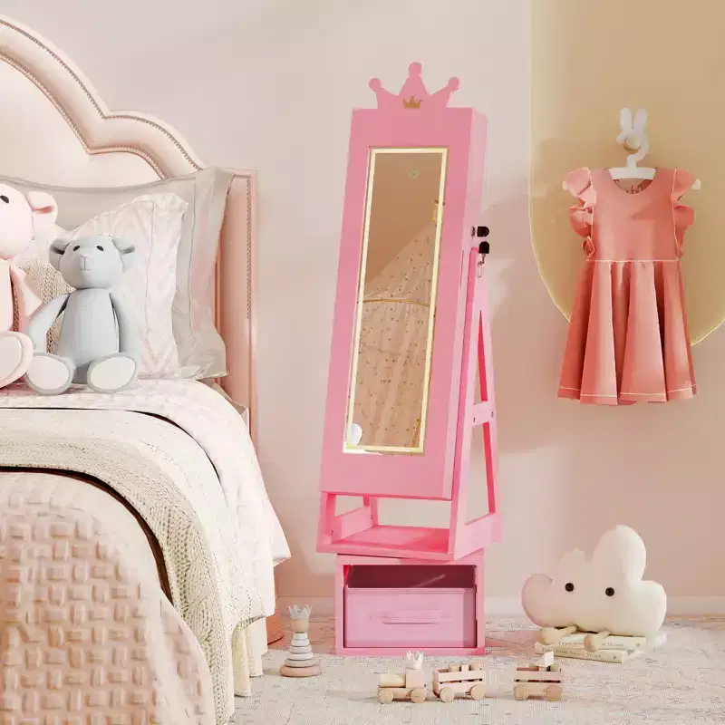 Costway 3 In 1 Kids Jewelry Cabinet w/3-Color Lighted Full Length Mirror Internal Mirror