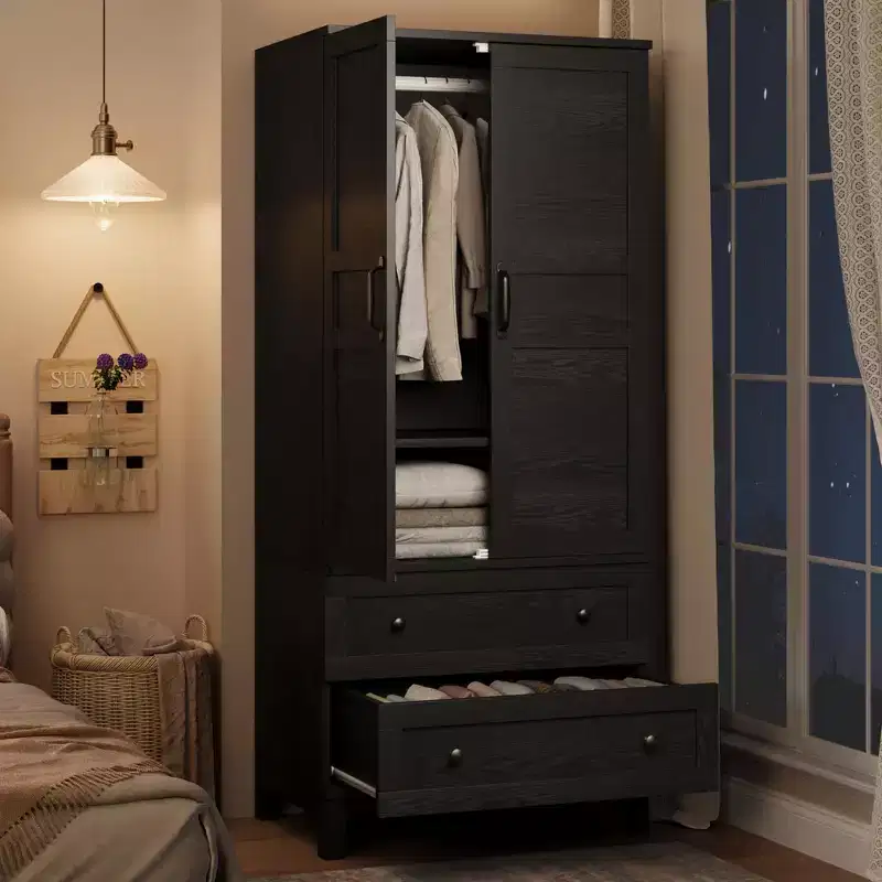 GustoWave 72 Wooden Wardrobe Armoire, 2-Drawer Closet with Hanging Rod & Adjustable Shelf, Heavy Duty Bedroom Storage Cabinet