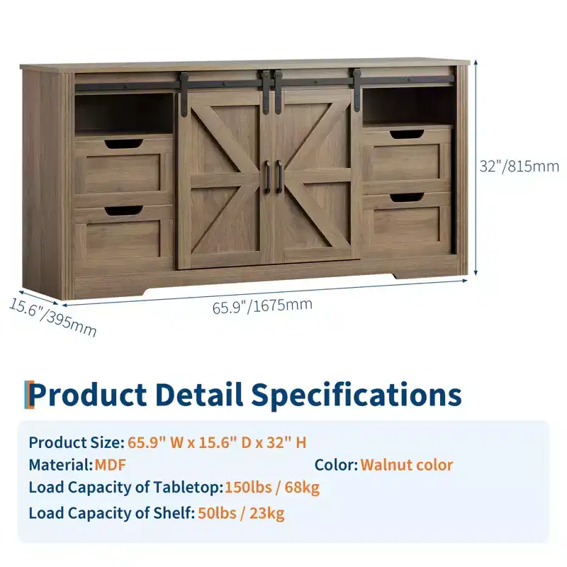 COZONY Farmhouse TV Stand for Up to 70 in TVs, 66 in Wood Entertainment Center with 4 Drawers, Sliding Barn Door & Storage Shelves for Living Room