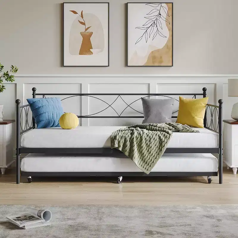 Black/Gold/Pink/Purple/White Metal Twin Daybed with Trundle – Sofa Style, Sleeps 2