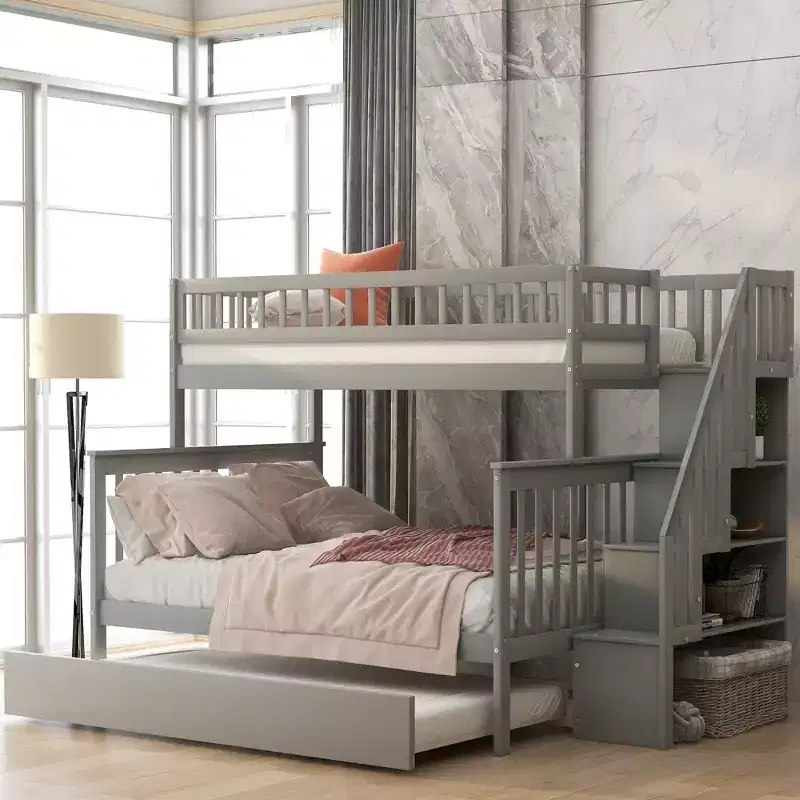 Twin over Full Bunk Bed with Trundle and Storage Staircase