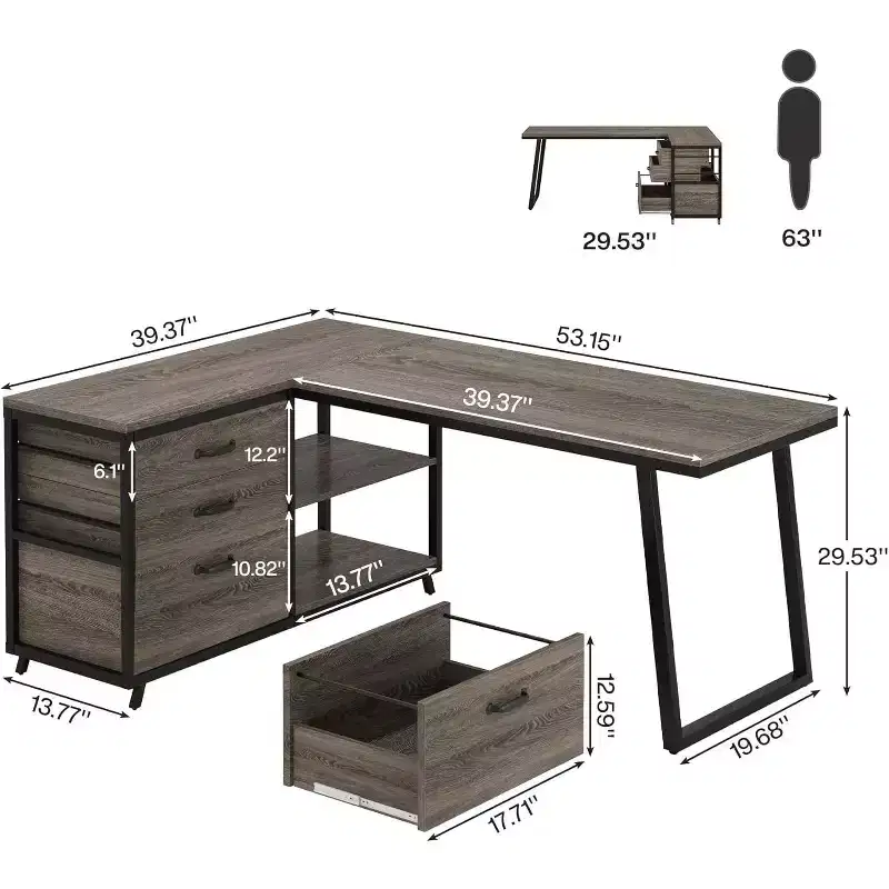 53-Inch L-Shaped Office Desk, Reversible Corner Computer Desk with 3 File Drawers and 2 Storage Shelves for Home Office, Gaming Room, Grey