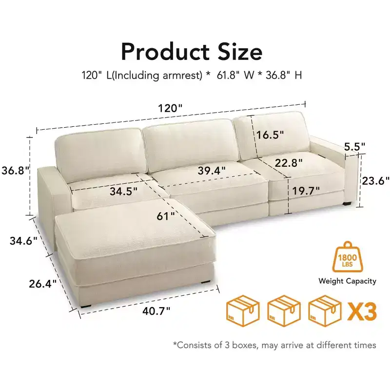 Dyonery 120 Oversized Modular Sectional Sofa, L Shaped Cloud Couch, 4 Seat Comfy Set with Pillows & Movable Ottoman, Chenille