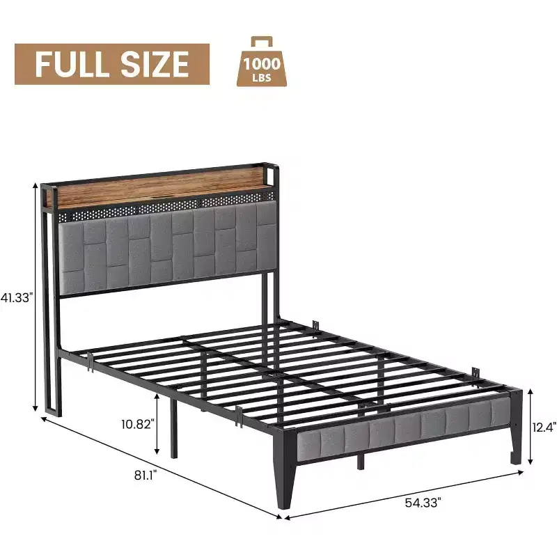 Platform Bed Frame with Storage Headboard, USB Charging Station, LED Lighting and Under-Bed Storage, No Box Spring Required, Heavy-Duty Support
