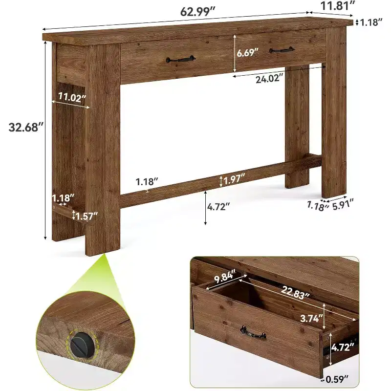 Lantine 63-Inch Solid Wood Console Table, Farmhouse Entryway Table with 2 Drawers for Hallway, Living Room, Foyer, Behind Couch, Narrow Sofa Table