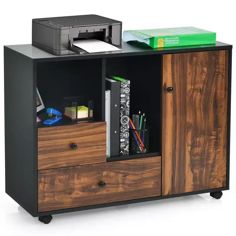 Brown & Black Rolling File Cabinet with 2 Drawers & Open Shelves, 1-Person Assembly