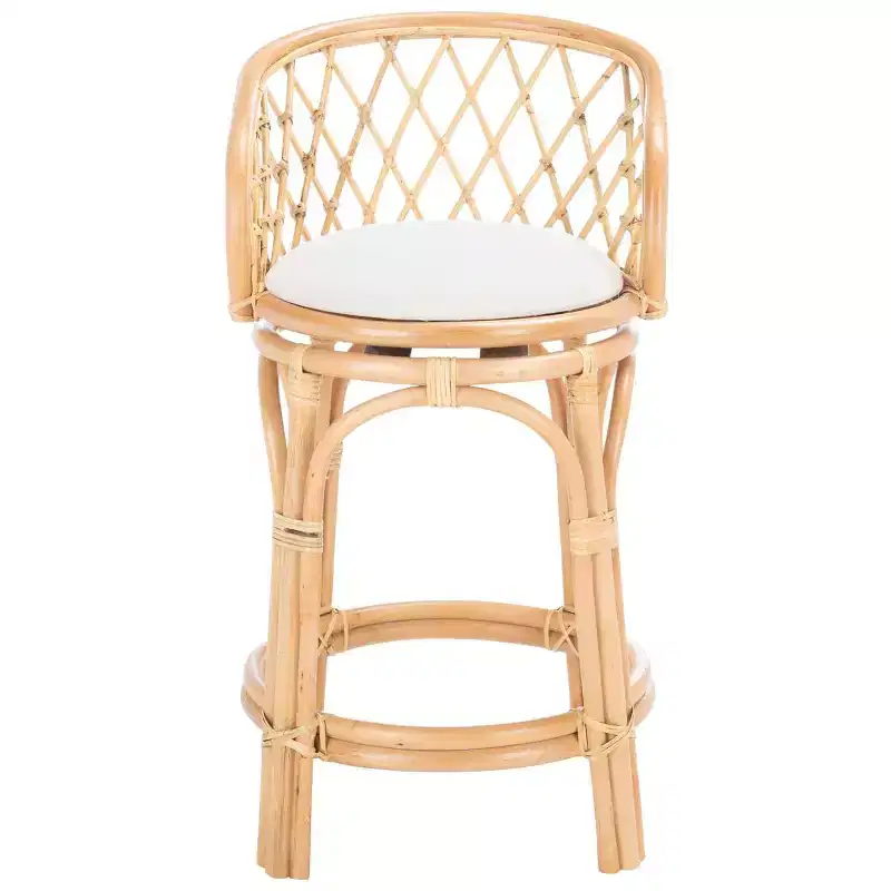 Rattan Swivel Counter Stool with Cushion, Mango Wood Frame, Fixed Height 23.6