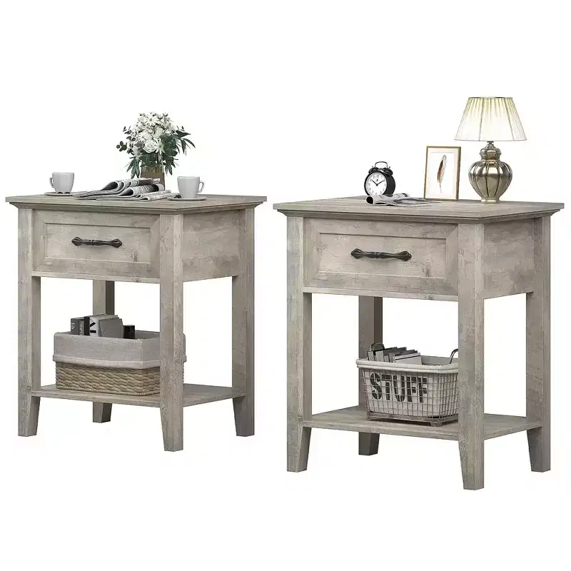 Garvee Nightstands Set of 2, Industrial Side/End Tables with Drawer and Storage Shelf, Night Stands for Bedroom, Living Room, 2 Pack, Grey