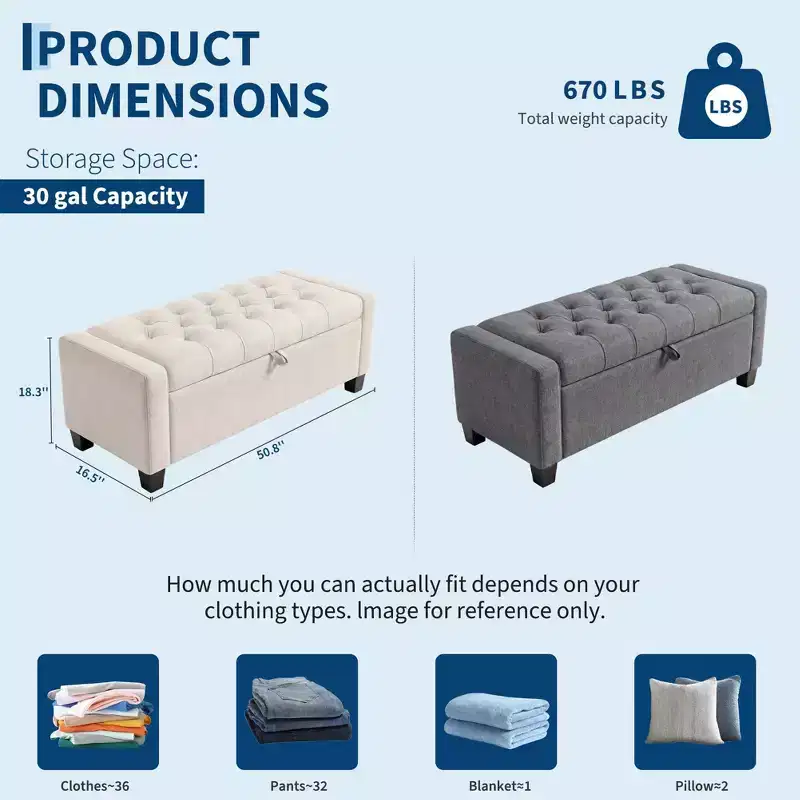 50.8in Storage Ottoman Bench with Safety Slow-Close Hinge, Tufted Upholstered Bench for Bedroom Living Room, 670 Lbs Weight Capacity 30 Gallons