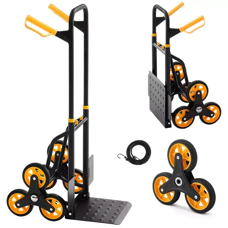 VEVOR Stair Climbing Cart, 330 lbs Stair-Climbing Capacity, Folding Trolley Cart with Telescoping Handle, 6 Wheels and 2 Bungee Cords, Black&Orange