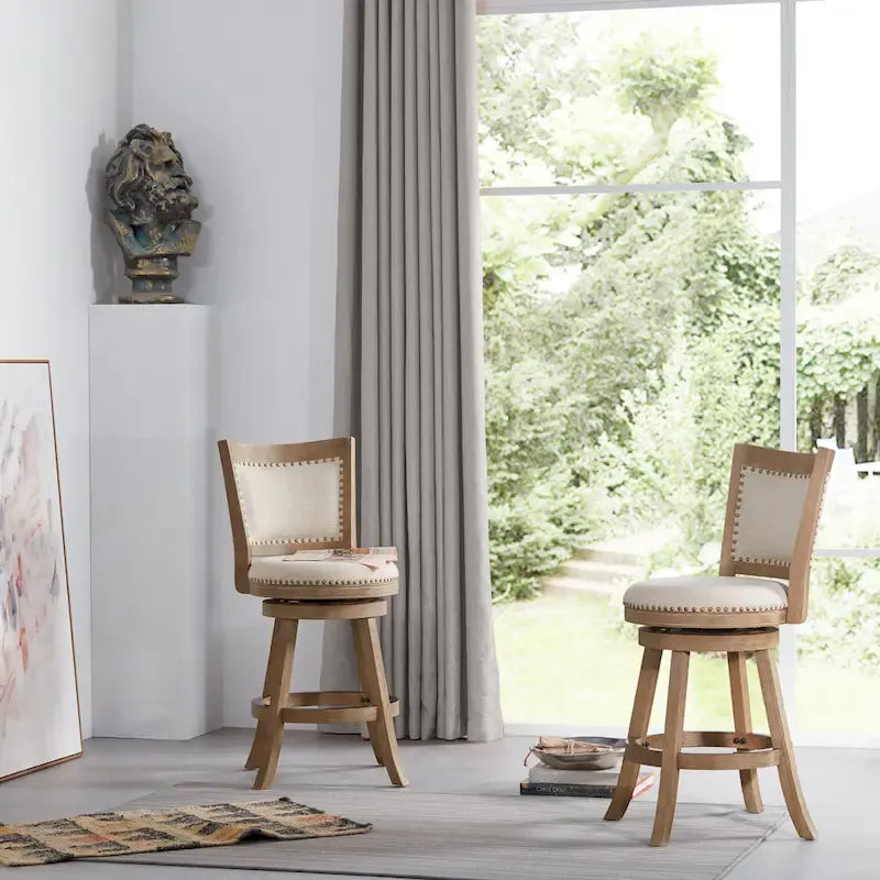 High Back Swivel Counter Stool with Linen Cushion and Wood Frame