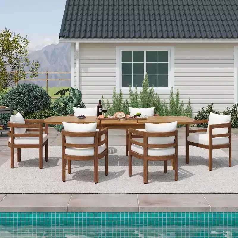 Christopher Knight Home Bennett Patio Rustic 7-Piece Acacia Wood Expandable Dining Table and Chairs Set with Cushions
