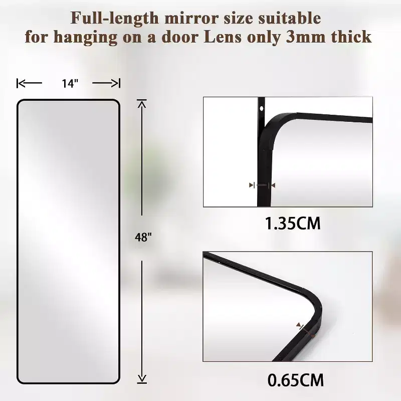 14x48 Full Length Mirror Black, Aluminum Alloy Frame Adjustable Hangers for Dorm