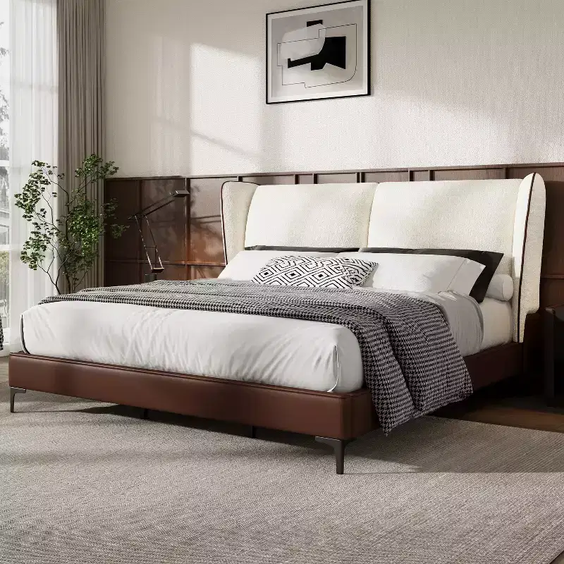 Modern King Size Faux Leather Upholstered Platform Bed with Teddy Wingback Headboard