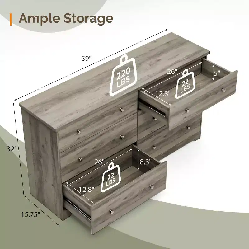 Grey Wood 6-Drawer Dresser, 59
