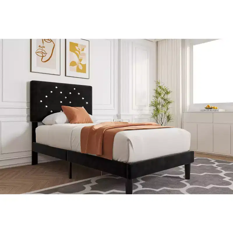 GustoWave Velvet Upholstered Bed Frame, Vertical Channel Tufted & Sturdy Wood Slats