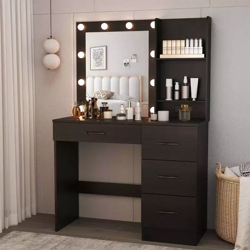 Costway Makeup Vanity Desk with Mirror and Lights Charging Station 3-Color LED Lights White/Black