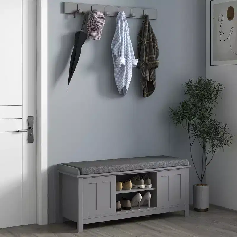 Okak Modern Functional Storage Bench with Sliding Barn Doors,Shoe Rack Shoe Bench with Linen Cushion for Bedroom,Entrance