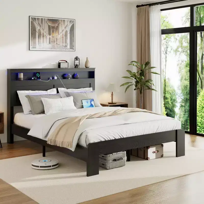 Bed Frame Queen/King Size,Wood Platform with Under Bed Storage LED Light Headboard and 2 USB,Noise Free,No Box Spring Needed,Dark Black