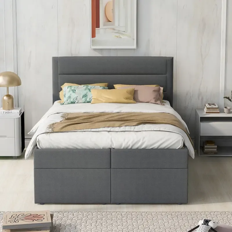 Full-Size Linen Upholstered Platform Bed with Hydraulic Under-Bed Storage – Beige / Grey, 2-Person Use