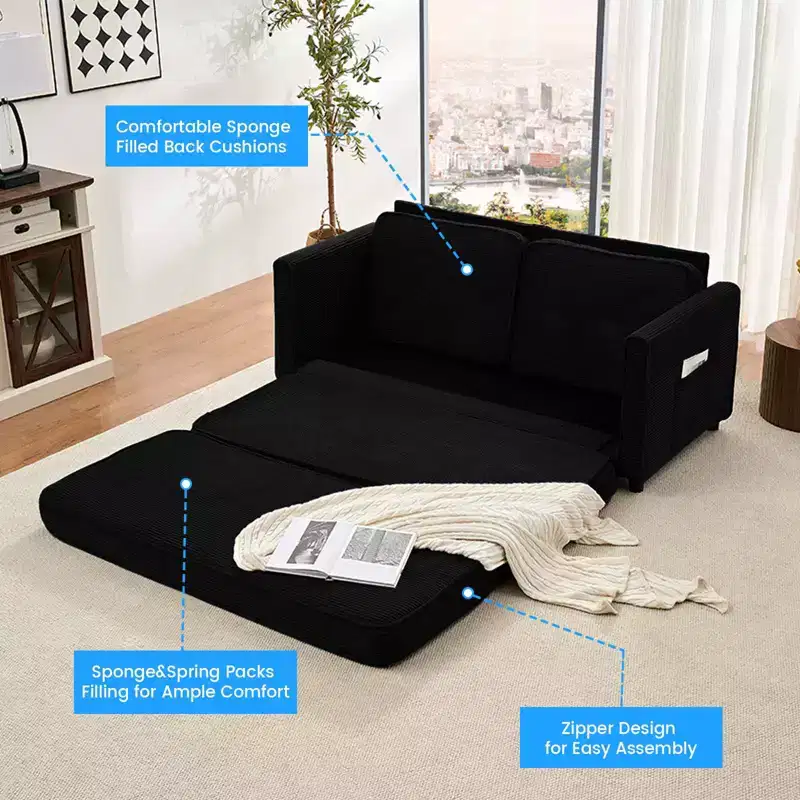 Mjkone 3-in-1 Convertible Futon Sofa Bed, Foldable Tufted Loveseat Sleeper Sofa with Side Pockets,Space-Saving