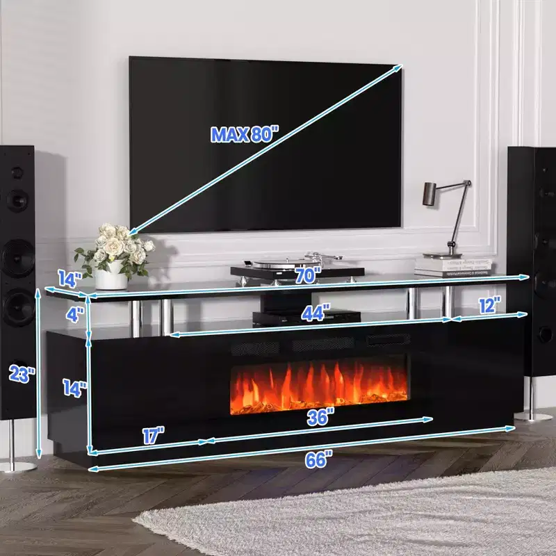 70 Inches Fireplace TV Stand for TVs up to 80 w/36'' Electric Fireplace & Remote, Modern Entertainment Center, Wooden TV Console for Living Room