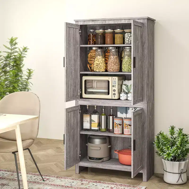 HOMCOM 64 4-Door Kitchen Pantry, Freestanding Storage Cabinet with 3 Adjustable Shelves for Kitchen, Dining or Living Room, Gray Oak