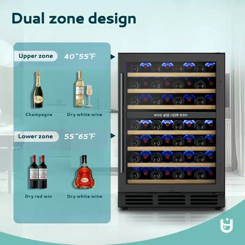 EUHOMY 24in/54 Bottles Undercounter Beverage Refrigerator, Dual Zone Wine Freestanding Refrigerator, Black