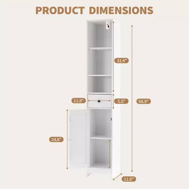 66 in Narrow Bathroom Cabinet Single Door with Drawer, Space Saving Storage, Adjustable Shelves for Bathroom Kitchen Living Room