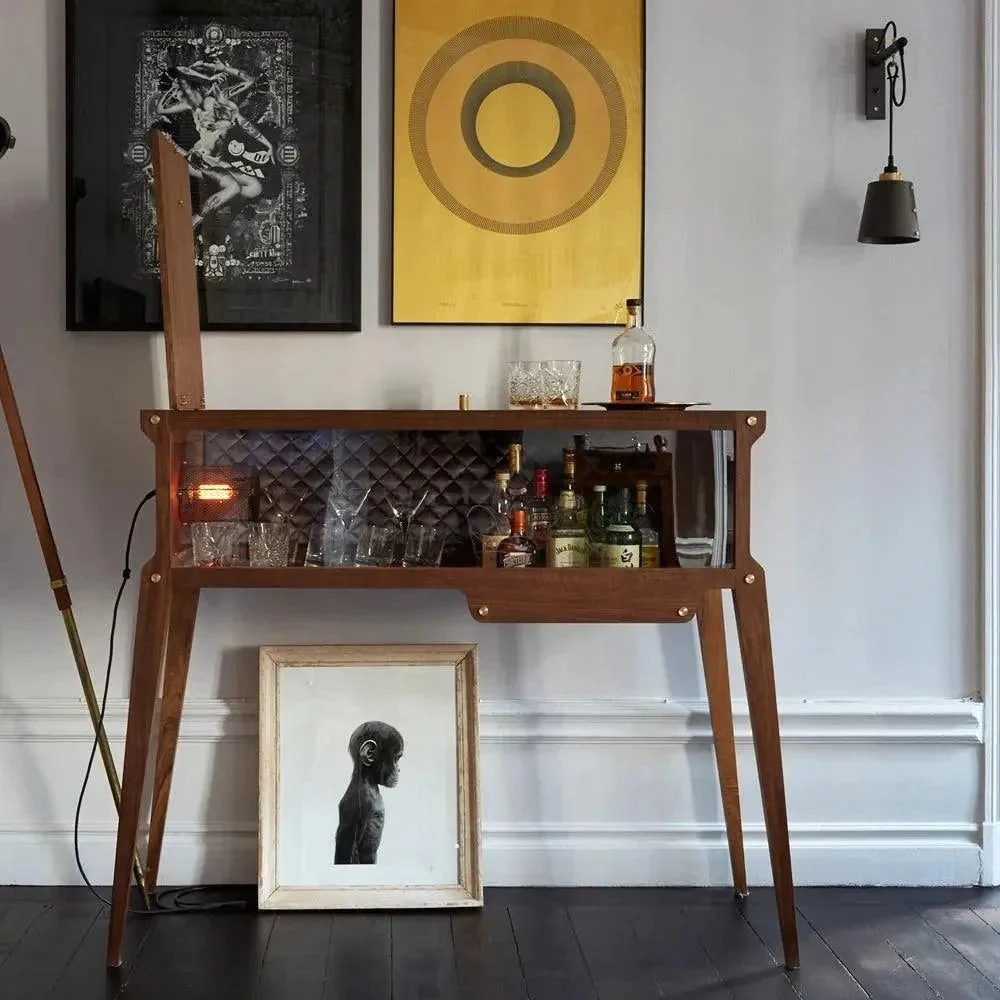 Artisan Solid Walnut & Brass Bar Cabinet with Knurled Fittings & Quilted Silk Panel for Living Room