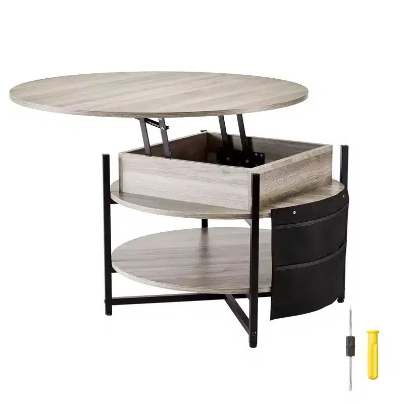 VEVOR Lift Top Coffee Table, 35.3 in Round Coffee Table with Extra Storage Pockets, Pop Up Coffee Table for Living Room, Dark gray