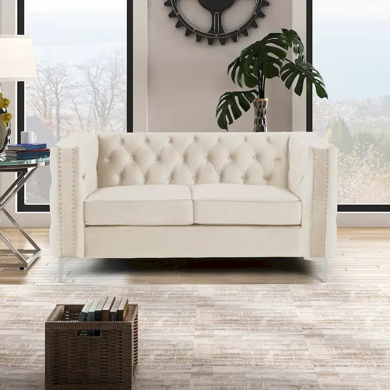 Dutch Velvet Loveseat with Button Tufting and Iron Legs – Blue / Grey / Beige, 2-Person Use