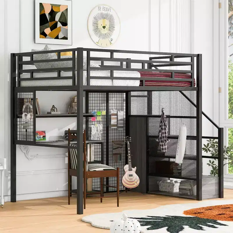 Full Size Loft Bed with Desk and Wardrobe, Heavy Duty Metal Bedframe with Wooden Storage Stairs and Shelves for Kids Teens