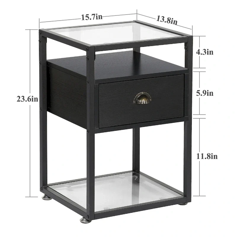 VECELO (Set of 2) Modern 1-Drawer Nightstand with 2-tier Glass Shelves
