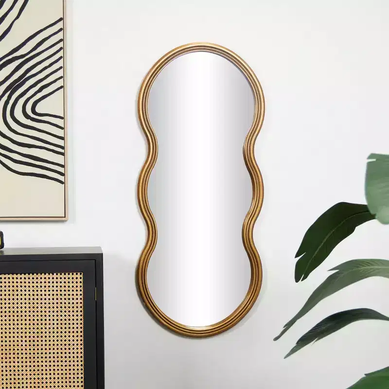 47"x20" Wooden Wavy Shaped Wall Mirror with Ribbed Frame Gold - Olivia & May